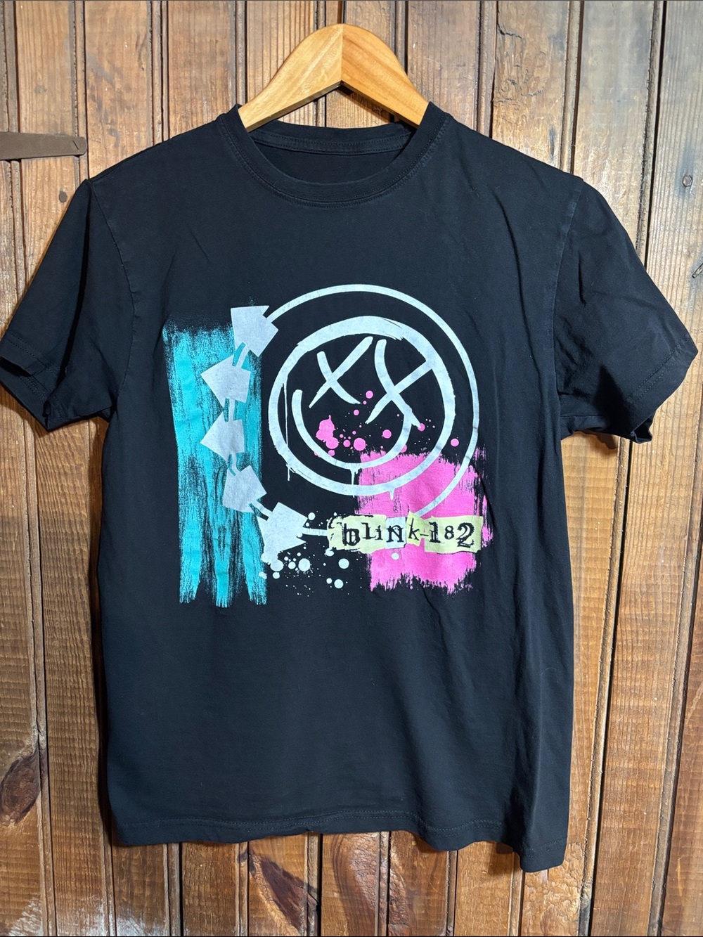 Blink-182 Black Graphic Band Tee with Blue & Pink Accents